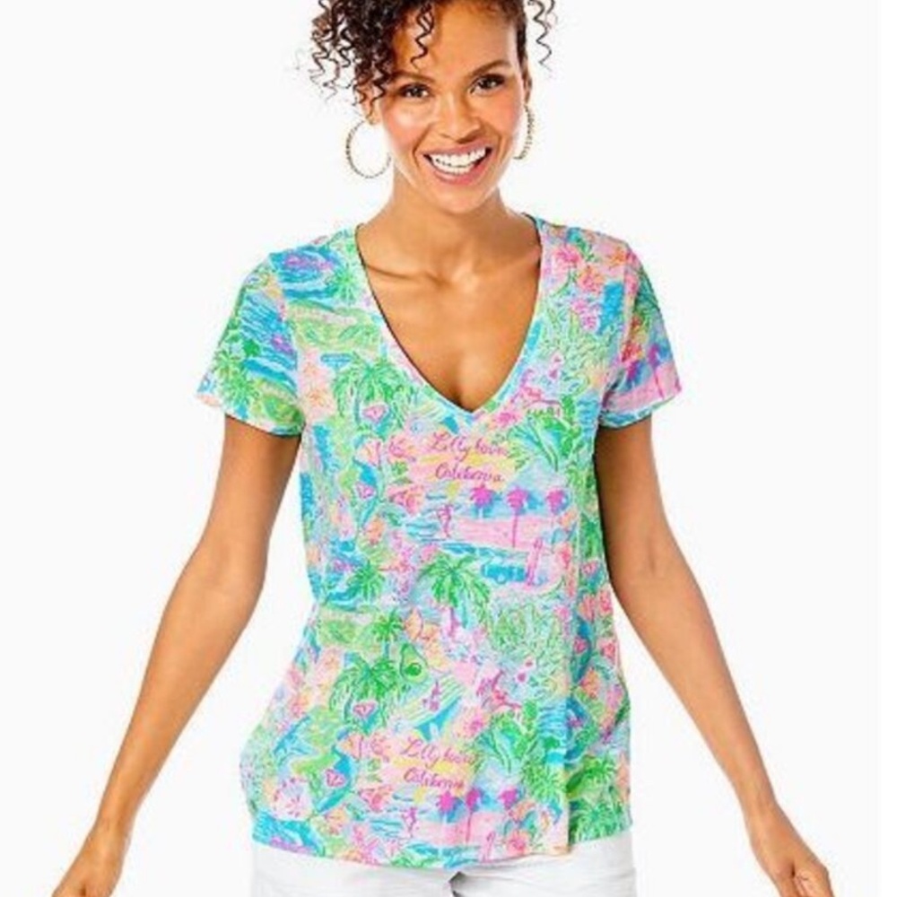Lilly Pulitzer Etta V-Neck Top Short Sleeve Multi Lilly Loves California  Sz S
